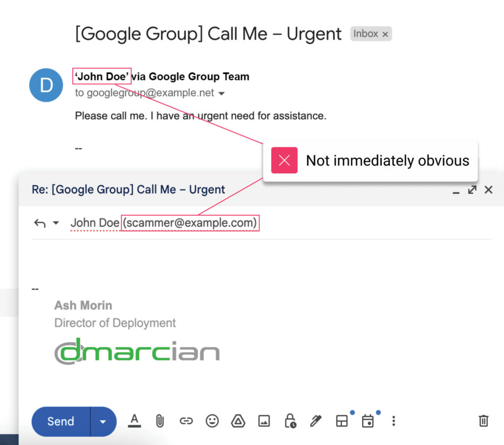 Google グループにおける詐欺の事例